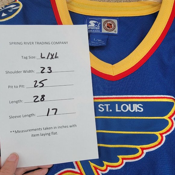 VINTAGE ST LOUIS BLUES NHL STARTER Large/XL Long Sleeve Patches Jersey V-Neck - Picture 11 of 11